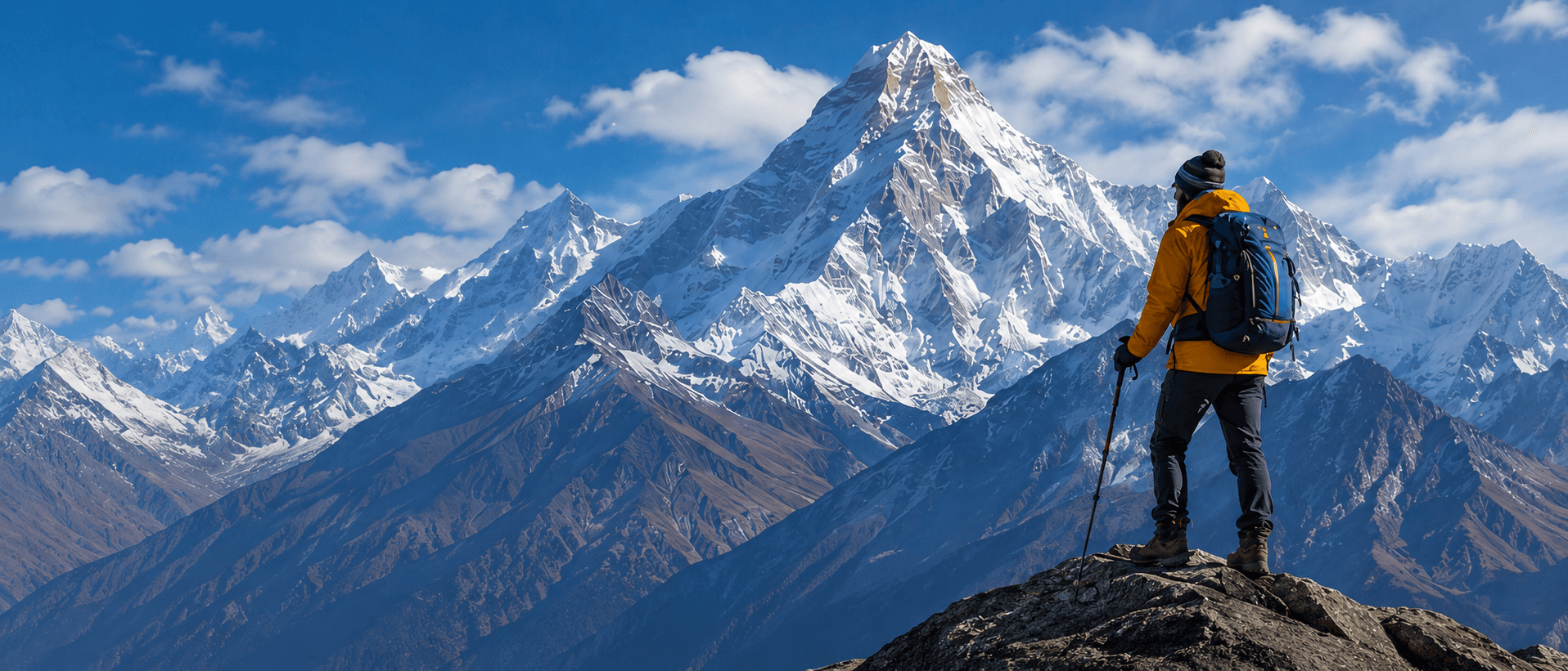 A trekker looking toward snowy Himalayan peaks